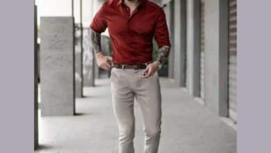 maroon shirt grey pants